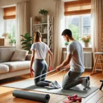 A home-based physiotherapy session in a bright living room, where a physiotherapist assists a patient with exercises on a yoga mat. The room features a comfortable couch, gym equipment like resistance bands, and large windows letting in natural light.