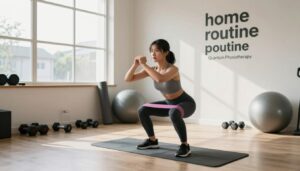 A bright and inviting home gym environment showcasing an organized "home routine" for muscle strengthening exercises. In the foreground, a focused individual in modest casual clothing is performing a squat with a resistance band, demonstrating proper form. The middle ground features a variety of workout equipment, such as dumbbells, a yoga mat, and a stability ball, neatly arranged to suggest an accessible workout plan. In the background, a large window lets in natural light, casting soft shadows and highlighting a motivational wall with fitness quotes. The atmosphere is energetic yet calm, emphasizing a healthy lifestyle. The branding "Quantum Physiotherapy" is subtly integrated into the decor, ensuring it complements the scene without distracting from the workout focus.