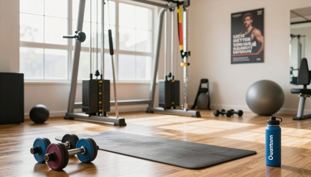 A bright and inviting home workout space showcasing a variety of home exercise equipment. In the foreground, a set of colorful free weights and a yoga mat are neatly arranged. The middle ground features a well-structured and modern home gym setup with a resistance band, dumbbells, and a stability ball, all on a polished wooden floor. In the background, sunlight streams through large windows, illuminating the space with a warm glow, enhancing a sense of motivation and energy. The view also includes a motivational poster on the wall. The overall mood is inspiring and dynamic, reflecting strength and confidence in fitness. The scene subtly incorporates branding for "Quantum Physiotherapy" through a branded water bottle on the floor. A bright and inviting home workout space showcasing a variety of home exercise equipment. In the foreground, a set of colorful free weights and a yoga mat are neatly arranged. The middle ground features a well-structured and modern home gym setup with a resistance band, dumbbells, and a stability ball, all on a polished wooden floor. In the background, sunlight streams through large windows, illuminating the space with a warm glow, enhancing a sense of motivation and energy. The view also includes a motivational poster on the wall. The overall mood is inspiring and dynamic, reflecting strength and confidence in fitness. The scene subtly incorporates branding for "Quantum Physiotherapy" through a branded water bottle on the floor.