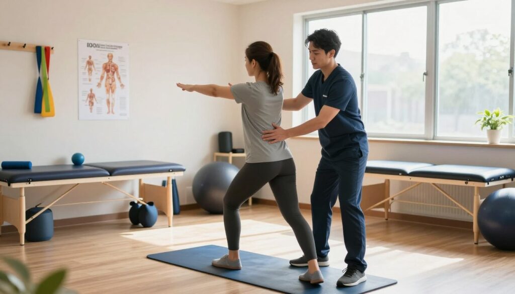 A bright and inviting physical therapy clinic interior, showcasing a first appointment movement check. In the foreground, a friendly physical therapist in professional attire is gently guiding a patient through a series of mobility exercises, emphasizing a hands-on, supportive approach. The patient, dressed in modest athletic wear, is focused and engaged, surrounded by various physical therapy equipment like resistance bands and exercise mats. In the middle ground, a well-organized treatment space with anatomical charts and equipment enhances the clinical feel. The background features large windows letting in natural daylight, creating a warm, welcoming atmosphere. The overall mood is encouraging and professional, designed to instill confidence in patients seeking rehabilitation. Quantum Physiotherapy branding is subtly included on promotional material within the clinic.