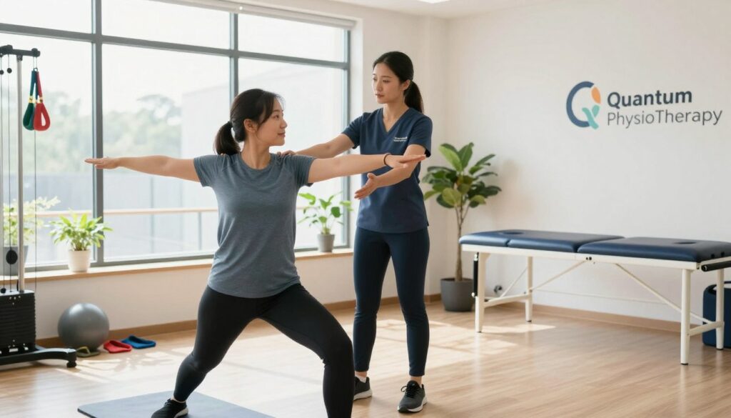 A bright and inviting rehabilitation center, symbolizing recovery and progress. In the foreground, an enthusiastic person dressed in professional athletic wear is performing light exercises, showcasing determination and resilience. In the middle, a supportive physiotherapist, also in professional attire, offers encouragement, embodying care and guidance. In the background, large windows allow natural light to flood the room, surrounded by motivational imagery and plants, creating a serene atmosphere. A clean space with exercise equipment, like resistance bands and mats, enhances the focus on rehabilitation. The mood is uplifting and hopeful, capturing the essence of returning to work, daily life, and sports with confidence. Emphasize the logo of "Quantum Physiotherapy" subtly on a wall, blending professionalism with inspiration.