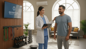 A clinical rehabilitation setting showcasing a physiotherapist in professional attire, attentively assessing a patient in modest athletic wear. In the foreground, the therapist is holding a clipboard and conducting a physical assessment, focusing on the patient’s range of motion. The middle ground features various rehabilitation tools, such as resistance bands and weights, neatly arranged in a well-lit, organized space. The background reveals a bright, inviting therapy room with large windows allowing natural light to flood in, creating a warm and encouraging atmosphere. Emphasize a sense of professionalism and care, reflecting the personalized approach of "Quantum Physiotherapy", evoking hope and strength in the journey of rehabilitation.