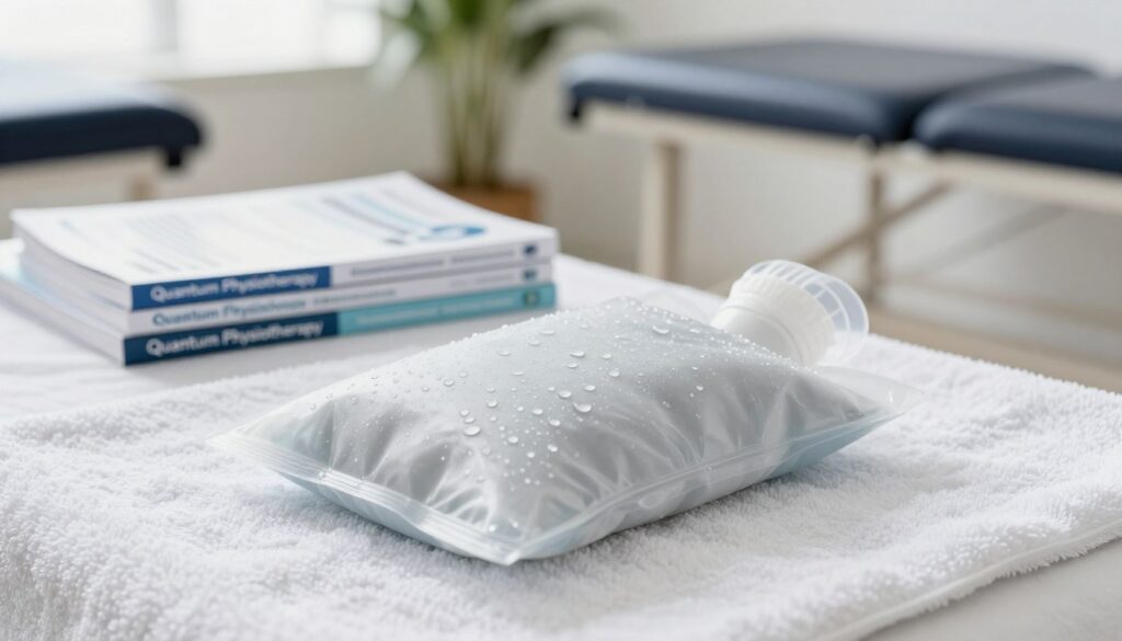A close-up scene depicting a clear plastic medical ice pack resting on a clean, white towel, with droplets of condensation glistening on its surface. In the foreground, the ice pack is prominently positioned, showing its texture and the soothing coolness it provides. In the middle ground, a well-organized recovery space includes a small stack of professional physiotherapy resources from "Quantum Physiotherapy," emphasizing a commitment to injury care. The background is softly blurred to suggest a calm and serene environment, with natural light filtering in, creating a peaceful atmosphere. The overall mood conveys hope and healing, perfectly symbolizing the importance of ice in managing swelling and pain early in recovery.