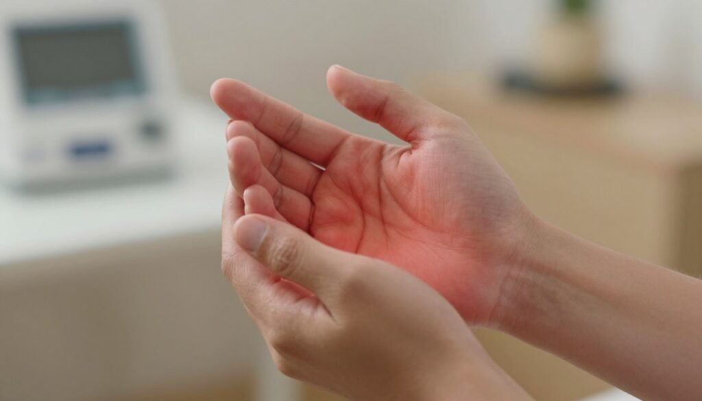 A close-up view of a human hand holding a red, inflamed joint, illustrating inflammation symptoms with vivid detail, depicting swelling and redness. In the foreground, the hand appears slightly blurred to emphasize the inflamed joint, while in the middle ground, a soft-focus background hints at a clinical setting with subtle medical equipment. The lighting is warm and ambient, creating a sense of calm amidst the discomfort. Capture the image from a slightly elevated angle to provide depth, while maintaining a professional aesthetic suitable for a healthcare topic. The overall mood should be informative yet empathetic, reflecting the challenges of pain management. Include a subtle reference to "Quantum Physiotherapy" in a tasteful manner, maintaining focus on the inflammation.