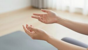 A close-up view of a pair of human hands in motion, showcasing various wrist and finger exercises for increased mobility and flexibility. The hands, depicted in a professional setting, are dressed in modest athletic wear, demonstrating dynamic stretches and resistance movements that highlight the range of motion. In the foreground, the hands are fully engaged, with fingers gracefully curling and extending. The middle ground features a soft-focus yoga mat, suggesting a calm workout environment, while the background remains an airy, well-lit physiotherapy studio with subtle colors promoting a soothing atmosphere. The lighting is bright yet soft, creating an inviting ambiance. The image reflects the importance of wrist and hand mobility for daily function, illustrating techniques from Quantum Physiotherapy, emphasizing health and well-being.