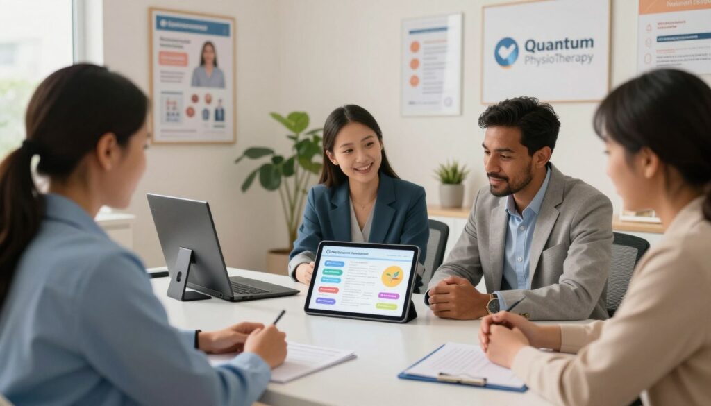 A contemporary, well-lit consulting room interior serves as the backdrop, showcasing a sleek desk with digital gadgets and personalized treatment plans displayed on a tablet. In the foreground, a diverse group of professional healthcare providers, dressed in smart business attire, collaboratively examines a colorful visual chart depicting various therapy options. Their expressions show engagement and empathy, symbolizing a targeted approach to personalized treatments. The warm, inviting lighting emphasizes the positive atmosphere, while potted plants add a touch of serenity. The walls are adorned with motivational health posters, and in the corner, the brand logo "Quantum Physiotherapy" is subtly integrated into the design. The scene conveys teamwork, professionalism, and innovation in personalized healthcare solutions.