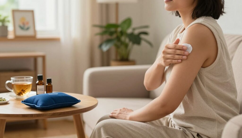 A cozy home setting illustrating effective pain relief techniques. In the foreground, a person dressed in comfortable, modest casual clothing is sitting on a plush sofa, applying a natural pain-relief cream to their shoulder, showcasing a look of relief and comfort. In the middle, a table is adorned with various home treatment items: a heating pad, essential oils, and herbal tea, creating a sense of wellness. The background features soft, warm lighting coming from a window, illuminating plants and a peaceful art piece. The atmosphere is tranquil and inviting, suggesting a nurturing environment for healing. The brand "Quantum Physiotherapy" is subtly integrated into the scene, perhaps as a decorative element on a shelf or a label on the treatment items.