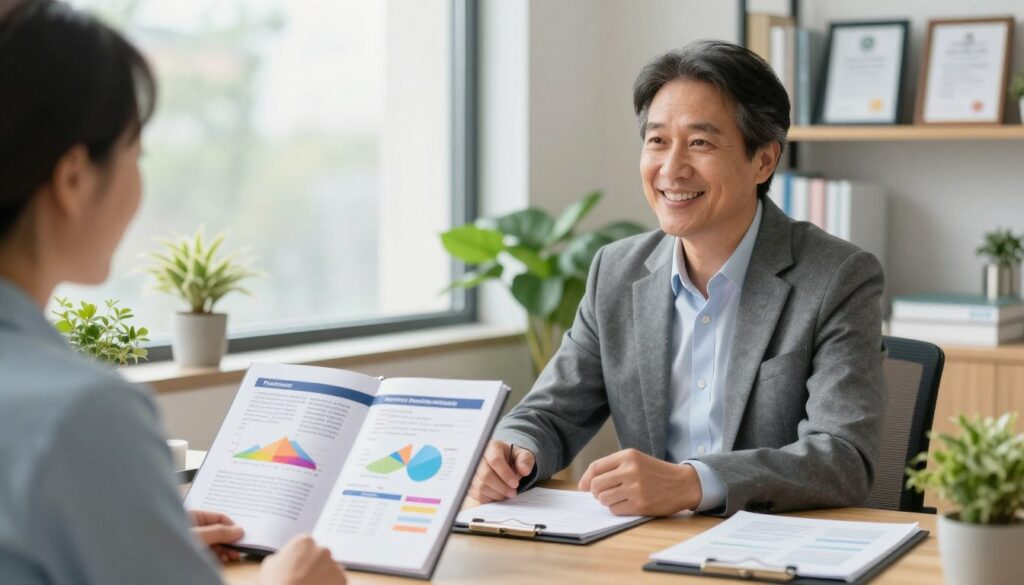A cozy, well-lit healthcare office environment featuring a professional consultant, dressed in smart business attire, discussing personalized treatment plans with a patient. The consultant, a middle-aged individual with a warm smile, is seated at a modern wooden desk surrounded by medical charts and vibrant plants. In the foreground, an open folder displays a detailed personalized treatment plan, showcasing colorful graphs and annotations. In the middle, a large window lets in natural light, creating an inviting ambiance. The background includes shelves lined with medical books and framed certificates, enhancing the professionalism of the space. The mood is focused and positive, emphasizing collaboration and care, embodying the ethos of "Quantum Physiotherapy" while highlighting the importance of tailored healthcare.