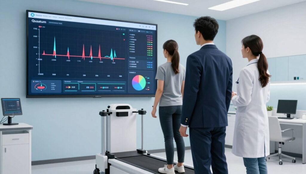 A detailed and visually engaging scene depicting a comprehensive gait analysis in a modern clinic. In the foreground, a male and female healthcare professional, dressed in smart business attire, analyze colorful gait data displayed on a large high-tech screen. In the middle ground, a state-of-the-art gait analysis system is shown, with motion sensors and pressure plates. Data visualizations, including graphs and charts, dynamically illustrate various metrics such as stride length, cadence, and balance. The background features a well-lit clinical environment with soft blue and white tones, highlighting a professional and calm atmosphere. Soft, diffused lighting emphasizes the clarity of the data on the screen, creating an accessible and informative vibe. The Quantum Physiotherapy logo is subtly included in the display's design.