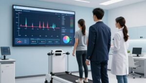 A detailed and visually engaging scene depicting a comprehensive gait analysis in a modern clinic. In the foreground, a male and female healthcare professional, dressed in smart business attire, analyze colorful gait data displayed on a large high-tech screen. In the middle ground, a state-of-the-art gait analysis system is shown, with motion sensors and pressure plates. Data visualizations, including graphs and charts, dynamically illustrate various metrics such as stride length, cadence, and balance. The background features a well-lit clinical environment with soft blue and white tones, highlighting a professional and calm atmosphere. Soft, diffused lighting emphasizes the clarity of the data on the screen, creating an accessible and informative vibe. The Quantum Physiotherapy logo is subtly included in the display's design.