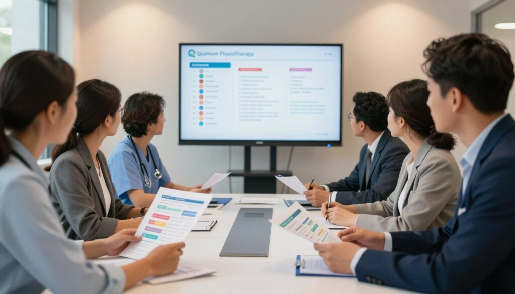 A detailed and visually engaging scene illustrating an individualized care plan. In the foreground, a diverse group of healthcare professionals, dressed in professional business attire, collaborate around a modern conference table, reviewing colorful documents and charts displaying personalized care plans. In the middle, a digital presentation screen shows concise summaries of patient metrics and care strategies, enhancing the sense of teamwork and focus. In the background, soft lighting from large windows casts a warm, inviting glow over the room, creating a productive and supportive atmosphere. The overall mood is one of dedication and commitment to optimal patient outcomes. Incorporate the logo of “Quantum Physiotherapy” discreetly in the corner of the conference table, ensuring it blends seamlessly into the professional setting. The image should have a sharp focus and a slight depth of field, emphasizing the collaborations in the foreground. A detailed and visually engaging scene illustrating an individualized care plan. In the foreground, a diverse group of healthcare professionals, dressed in professional business attire, collaborate around a modern conference table, reviewing colorful documents and charts displaying personalized care plans. In the middle, a digital presentation screen shows concise summaries of patient metrics and care strategies, enhancing the sense of teamwork and focus. In the background, soft lighting from large windows casts a warm, inviting glow over the room, creating a productive and supportive atmosphere. The overall mood is one of dedication and commitment to optimal patient outcomes. Incorporate the logo of “Quantum Physiotherapy” discreetly in the corner of the conference table, ensuring it blends seamlessly into the professional setting. The image should have a sharp focus and a slight depth of field, emphasizing the collaborations in the foreground.