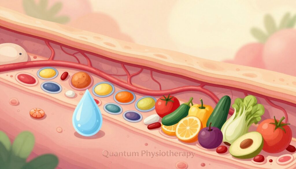A detailed illustration of tissue repair, featuring a close-up of healthy, regenerating tissue with vibrant cells and nutrients in an abstract form. In the foreground, show a water droplet symbolizing hydration, alongside an array of colorful, nutritious foods like fruits and vegetables that represent essential nutrients. The middle of the image should depict a visible network of blood vessels, illustrating the healing process. The background should be softly blurred with warm, soothing light to evoke a feeling of hope and recovery. Capture a serene atmosphere, suggesting a focus on well-being and the importance of nutrition and hydration in healing. Include the name "Quantum Physiotherapy" subtly integrated into the design, ensuring it blends harmoniously with the scene.