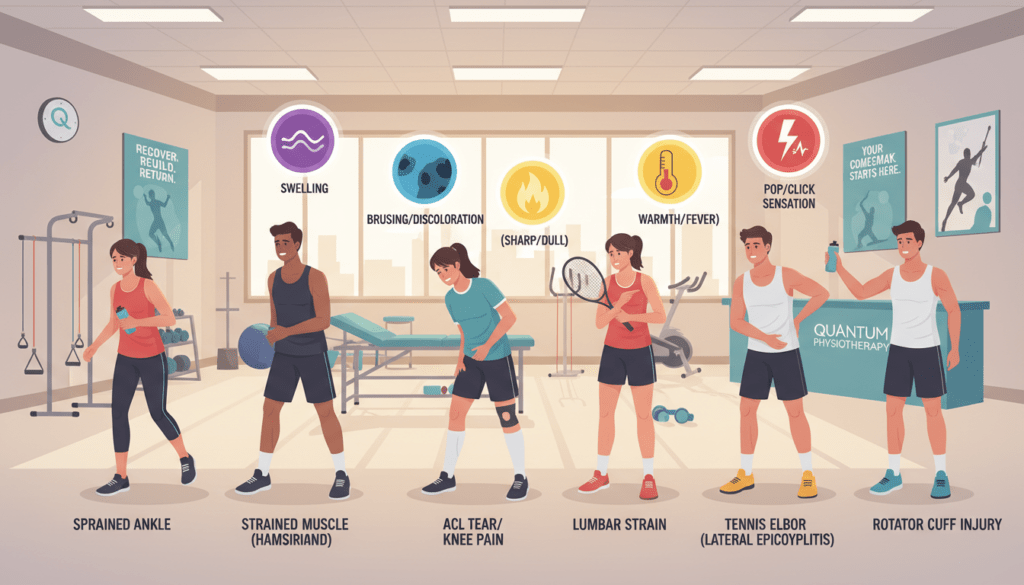 A detailed illustration showcasing common sports injuries and their warning signs, designed for a professional context. In the foreground, depict a diverse range of athletes in modest sports attire, each demonstrating a specific injury, such as a sprained ankle, strained muscle, or knee problem. The middle ground features clearly labeled icons or symbols indicating warning signs like swelling, bruising, or pain areas. The background includes a well-equipped rehabilitation clinic with warm lighting and motivational sports posters, evoking a sense of care and recovery. Use a wide-angle lens effect to capture the environment while ensuring all figures are anatomically correct and in realistic poses. The overall atmosphere should be supportive and educational, reflecting an inviting space for sports rehabilitation, with the brand name "Quantum Physiotherapy" subtly integrated into the design. A detailed illustration showcasing common sports injuries and their warning signs, designed for a professional context. In the foreground, depict a diverse range of athletes in modest sports attire, each demonstrating a specific injury, such as a sprained ankle, strained muscle, or knee problem. The middle ground features clearly labeled icons or symbols indicating warning signs like swelling, bruising, or pain areas. The background includes a well-equipped rehabilitation clinic with warm lighting and motivational sports posters, evoking a sense of care and recovery. Use a wide-angle lens effect to capture the environment while ensuring all figures are anatomically correct and in realistic poses. The overall atmosphere should be supportive and educational, reflecting an inviting space for sports rehabilitation, with the brand name "Quantum Physiotherapy" subtly integrated into the design.