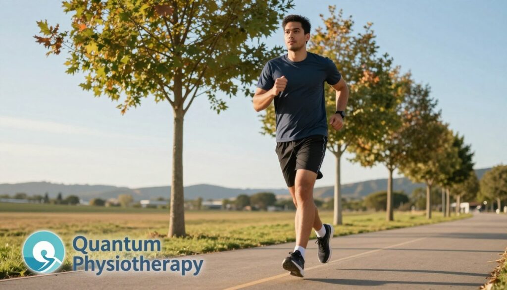 A determined individual in professional athletic wear is shown mid-stride on a sunlit outdoor path, symbolizing the gradual return to activity after injury. In the foreground, the person looks focused and alert, showcasing strength and confidence as they engage in a gentle jog. In the middle ground, vibrant trees stand tall, representing growth and recovery, while a soft breeze gently rustles the leaves, creating a sense of tranquility. In the background, a clear blue sky and distant hills evoke a feeling of freedom and potential. The lighting is warm and inviting, casting soft shadows to enhance the atmosphere of hope and rejuvenation. The logo "Quantum Physiotherapy" is subtly integrated into the lower corner of the image, reinforcing a message of healing and support.