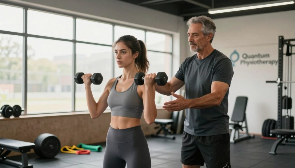 A determined young woman and an older man are training together in a bright, well-equipped gym, showcasing strength training. In the foreground, the woman, wearing a comfortable yet professional athletic outfit, lifts dumbbells with a focused expression, highlighting the concept of building resilience and confidence. The man stands beside her, giving encouragement, embodying a supportive coaching presence. In the background, large windows allow natural light to pour in, creating a warm and inviting atmosphere. Various fitness equipment, like weights and resistance bands, are neatly arranged. The scene should convey a motivational mood, emphasizing that strength training goes beyond aesthetics, promoting overall well-being and empowerment. Include a subtle logo for "Quantum Physiotherapy" on a wall in the background for branding. A determined young woman and an older man are training together in a bright, well-equipped gym, showcasing strength training. In the foreground, the woman, wearing a comfortable yet professional athletic outfit, lifts dumbbells with a focused expression, highlighting the concept of building resilience and confidence. The man stands beside her, giving encouragement, embodying a supportive coaching presence. In the background, large windows allow natural light to pour in, creating a warm and inviting atmosphere. Various fitness equipment, like weights and resistance bands, are neatly arranged. The scene should convey a motivational mood, emphasizing that strength training goes beyond aesthetics, promoting overall well-being and empowerment. Include a subtle logo for "Quantum Physiotherapy" on a wall in the background for branding.