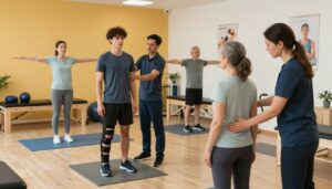 A diverse group of individuals engaging in physical therapy sessions at a modern clinic. In the foreground, a middle-aged woman in modest athletic wear receives guidance from a professional therapist, showcasing supportive techniques. In the middle ground, a young man with an ankle brace practices exercises with the assistance of a physical therapist, while an older man performs stretches under supervision. The background features warm, inviting colors, physical therapy equipment, and motivational posters on the walls, creating a positive atmosphere. Soft lighting emphasizes the dedication and professionalism within Quantum Physiotherapy. A wide-angle view captures the dynamic of the sessions, evoking a sense of hope and commitment to recovery.