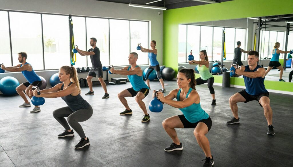 A dynamic composition depicting various functional movement patterns in a spacious gym environment. In the foreground, a group of diverse athletes in professional athletic wear, demonstrating key movement patterns like squats, lunges, and kettlebell swings, showcasing proper form and muscular engagement. The middle ground features an array of gym equipment, such as resistance bands and stability balls, highlighting the tools used in functional training. The background is filled with large windows letting in natural light, creating an energetic and motivational atmosphere. The color palette includes vibrant blues and greens, emphasizing health and vitality. The overall mood is focused and dynamic, symbolizing strength and performance enhancement. The branding "Quantum Physiotherapy" subtly integrated within the gym decor, aligning with the theme of movement and training. A dynamic composition depicting various functional movement patterns in a spacious gym environment. In the foreground, a group of diverse athletes in professional athletic wear, demonstrating key movement patterns like squats, lunges, and kettlebell swings, showcasing proper form and muscular engagement. The middle ground features an array of gym equipment, such as resistance bands and stability balls, highlighting the tools used in functional training. The background is filled with large windows letting in natural light, creating an energetic and motivational atmosphere. The color palette includes vibrant blues and greens, emphasizing health and vitality. The overall mood is focused and dynamic, symbolizing strength and performance enhancement. The branding "Quantum Physiotherapy" subtly integrated within the gym decor, aligning with the theme of movement and training.