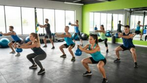 A dynamic composition depicting various functional movement patterns in a spacious gym environment. In the foreground, a group of diverse athletes in professional athletic wear, demonstrating key movement patterns like squats, lunges, and kettlebell swings, showcasing proper form and muscular engagement. The middle ground features an array of gym equipment, such as resistance bands and stability balls, highlighting the tools used in functional training. The background is filled with large windows letting in natural light, creating an energetic and motivational atmosphere. The color palette includes vibrant blues and greens, emphasizing health and vitality. The overall mood is focused and dynamic, symbolizing strength and performance enhancement. The branding "Quantum Physiotherapy" subtly integrated within the gym decor, aligning with the theme of movement and training.