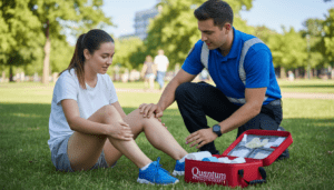A dynamic first aid response scene in a bright, well-lit outdoor environment. In the foreground, a professional first responder in a blue uniform is attending to an injured individual sitting on the grass, exhibiting a calm and reassuring demeanor. The injured person, dressed in casual athletic clothing, appears focused on the responder's instructions. In the middle ground, a first aid kit is open, showcasing various medical supplies like bandages and antiseptics. The background features a blurred park landscape with trees and a sunny sky, enhancing a sense of urgency yet hope. The composition should use a slightly elevated angle, capturing the interaction and emphasizing the importance of first aid priorities. Overall, the atmosphere conveys professionalism, urgency, and compassion, highlighting the brand name "Quantum Physiotherapy" subtly integrated into the first aid kit design.