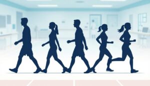 A dynamic illustration of the gait cycle, showcasing a series of stylized silhouettes depicting a person in professional athletic attire performing various walking and running poses. In the foreground, emphasis on the foot placements and movements, highlighting biomechanical details like angles and weight shifts. The middle ground features a soft gradient, representing a running track environment that softly fades into a medical clinic backdrop in the background, evoking a sense of professionalism. Bright, even lighting enhances the clarity and detail of the figures, creating a clean and clinical atmosphere. The overall mood is analytical yet approachable, underscoring the significance of gait analysis in healthcare settings. The brand name “Quantum Physiotherapy” subtly incorporated in a refined manner, ensuring no distractions from the primary subject.