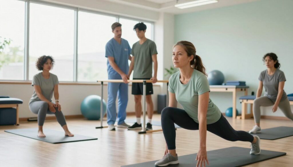 A dynamic scene depicting a diverse group of individuals engaged in various mobility exercises in a well-lit rehabilitation center. In the foreground, a middle-aged woman in professional athletic wear performs a stretching exercise on a mat, showing determination and focus. In the middle ground, a young man uses parallel bars for support, displaying a supportive environment with a physiotherapist observing closely, dressed in scrubs. In the background, large windows allow natural light to flood the space, enhancing a sense of warmth and hope. The colors are soothing, with greens and blues dominating, conveying a peaceful yet energetic atmosphere. The overall mood is one of resilience and motivation, showcasing the journey of recovery at Quantum Physiotherapy.