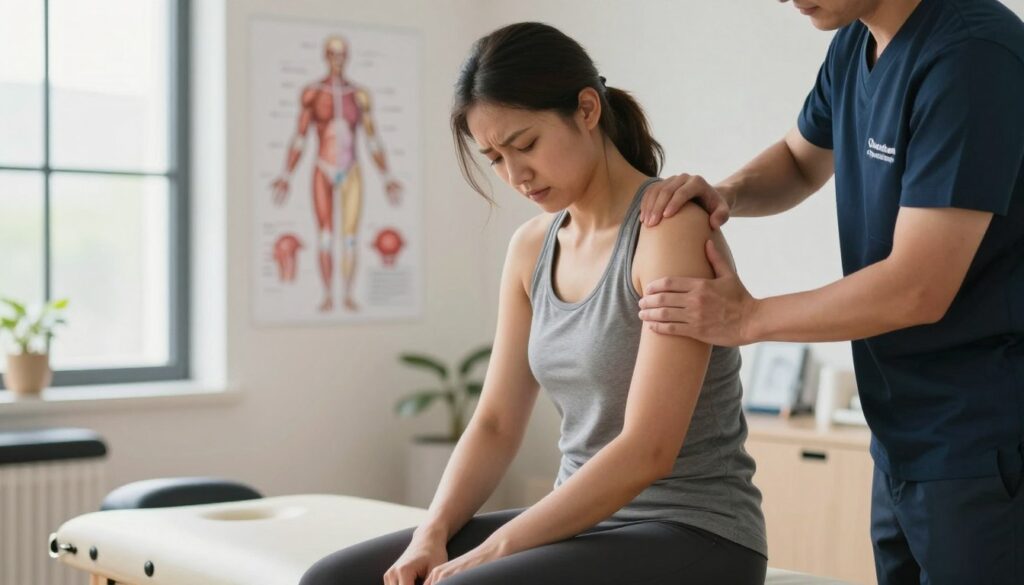 A dynamic scene depicting the concept of pain and movement, focusing on a soft tissue mobilization therapy session. In the foreground, a patient in modest, professional athletic wear sits on a treatment table, their expression conveying relief mixed with discomfort. A skilled therapist, dressed in professional attire, applies gentle pressure on a specific muscle group, demonstrating touch with sensitivity. In the middle ground, anatomical diagrams highlighting muscle groups and pain points are subtly visible, lending context to the therapy being showcased. The background suggests a therapy clinic environment, with soft natural lighting filtering through large windows, creating a calm and focused atmosphere. The overall mood conveys hope and healing, with a hint of tension around the patient's expression. Include the brand name "Quantum Physiotherapy" creatively integrated into the environment without being overt. A dynamic scene depicting the concept of pain and movement, focusing on a soft tissue mobilization therapy session. In the foreground, a patient in modest, professional athletic wear sits on a treatment table, their expression conveying relief mixed with discomfort. A skilled therapist, dressed in professional attire, applies gentle pressure on a specific muscle group, demonstrating touch with sensitivity. In the middle ground, anatomical diagrams highlighting muscle groups and pain points are subtly visible, lending context to the therapy being showcased. The background suggests a therapy clinic environment, with soft natural lighting filtering through large windows, creating a calm and focused atmosphere. The overall mood conveys hope and healing, with a hint of tension around the patient's expression. Include the brand name "Quantum Physiotherapy" creatively integrated into the environment without being overt.