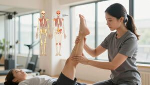 A dynamic scene illustrating movement and motion in the context of joint mobilization therapy. Foreground features a professional physiotherapist in business attire gently guiding the limbs of a patient, showcasing various joint mobilization techniques. In the middle ground, colorful illustrations of skeletal joints highlight flexibility and range of motion, depicting various joints like shoulders, knees, and hips in action. The background is softly blurred gym equipment and natural light streaming through large windows, creating an uplifting and therapeutic atmosphere. Use warm, inviting lighting to enhance the feeling of wellness and vitality. The image should evoke a sense of progress and the importance of mobility, subtly displaying the brand "Quantum Physiotherapy" within the scene's aesthetic without direct focus. Focus on realism and professionalism.
