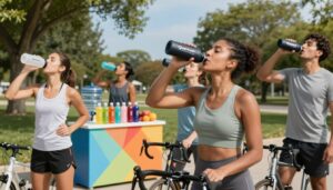 A dynamic scene illustrating the concept of hydration in athletic performance enhancement. In the foreground, a diverse group of athletes in modest athletic wear, engaged in various sports (running, cycling, and yoga), is depicted actively drinking from sleek, reusable water bottles embossed with the logo "Quantum Physiotherapy." In the middle ground, a vibrant sports water station displays colorful electrolyte drinks and fresh fruit, promoting effective hydration strategies. The background features a sunlit park setting with trees and a clear blue sky, conveying a sense of vitality and energy. Soft, natural lighting highlights the athletes' focused expressions and the refreshing nature of the hydration process. The atmosphere radiates enthusiasm, empowerment, and a commitment to performance and wellbeing.