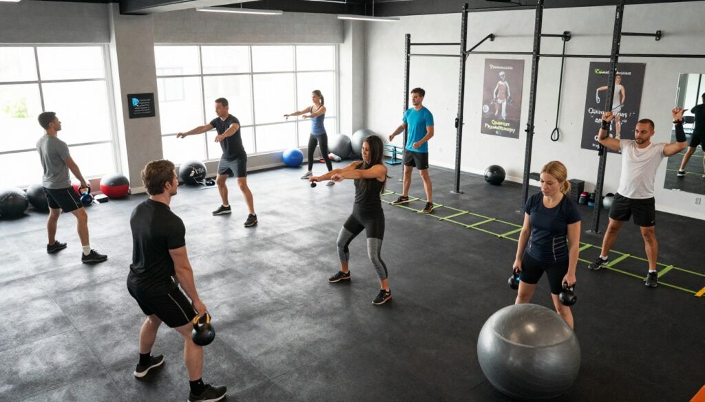 A dynamic scene in a well-lit modern gym focusing on functional training. In the foreground, a diverse group of men and women in modest athletic wear are engaged in various functional movements, such as kettlebell swings, stability ball exercises, and resistance band work, showcasing their strength and coordination. The middle ground features gym equipment like medicine balls, agility ladders, and space for free movement. In the background, large windows allow natural light to flood the space, enhancing the energetic atmosphere. The gym is decorated with motivational posters, including the brand name "Quantum Physiotherapy," subtly integrated into the design. The atmosphere conveys motivation and teamwork, emphasizing the differences between functional training and traditional routines, captured from a slightly elevated angle to provide a comprehensive view. A dynamic scene in a well-lit modern gym focusing on functional training. In the foreground, a diverse group of men and women in modest athletic wear are engaged in various functional movements, such as kettlebell swings, stability ball exercises, and resistance band work, showcasing their strength and coordination. The middle ground features gym equipment like medicine balls, agility ladders, and space for free movement. In the background, large windows allow natural light to flood the space, enhancing the energetic atmosphere. The gym is decorated with motivational posters, including the brand name "Quantum Physiotherapy," subtly integrated into the design. The atmosphere conveys motivation and teamwork, emphasizing the differences between functional training and traditional routines, captured from a slightly elevated angle to provide a comprehensive view.