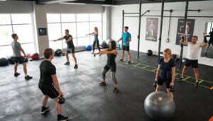 A dynamic scene in a well-lit modern gym focusing on functional training. In the foreground, a diverse group of men and women in modest athletic wear are engaged in various functional movements, such as kettlebell swings, stability ball exercises, and resistance band work, showcasing their strength and coordination. The middle ground features gym equipment like medicine balls, agility ladders, and space for free movement. In the background, large windows allow natural light to flood the space, enhancing the energetic atmosphere. The gym is decorated with motivational posters, including the brand name "Quantum Physiotherapy," subtly integrated into the design. The atmosphere conveys motivation and teamwork, emphasizing the differences between functional training and traditional routines, captured from a slightly elevated angle to provide a comprehensive view.