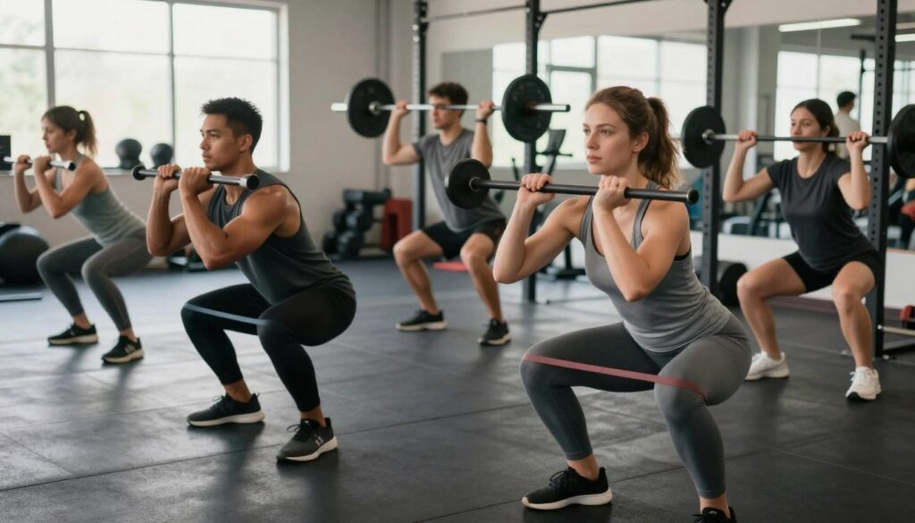 A dynamic scene of resistance training in a well-equipped gym, focusing on a diverse group of individuals engaged in various muscle strengthening exercises. In the foreground, a male and female athlete are performing squats with resistance bands; both are dressed in modest, professional athletic attire. In the middle ground, another person is lifting free weights with correct form, emphasizing the strength and determination on their face. The background features gym equipment and large windows letting in soft natural light, creating an uplifting atmosphere. The image captures the essence of empowerment, dedication, and progress in physical fitness. The branding "Quantum Physiotherapy" is subtly integrated into the gym environment, enhancing the focus on holistic health and professional guidance without overshadowing the athletes.