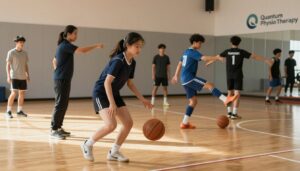A dynamic scene showcasing skill development in athletics, featuring a diverse group of athletes practicing sport-specific drills in a well-lit gymnasium. In the foreground, a focused young woman in a professional athletic outfit performs dribbling drills with a basketball, her intensity reflecting the effort of skill enhancement. In the middle ground, a coach demonstrates techniques, pointing while a male soccer player practices shooting with precision. The background captures other athletes engaging in various drills, symbolizing teamwork and progression. The warm, natural lighting casts soft shadows, creating an energetic and motivational atmosphere. In one corner, a logo for "Quantum Physiotherapy" subtly integrates into the gym wall design, reinforcing the theme of performance enhancement through skill development.