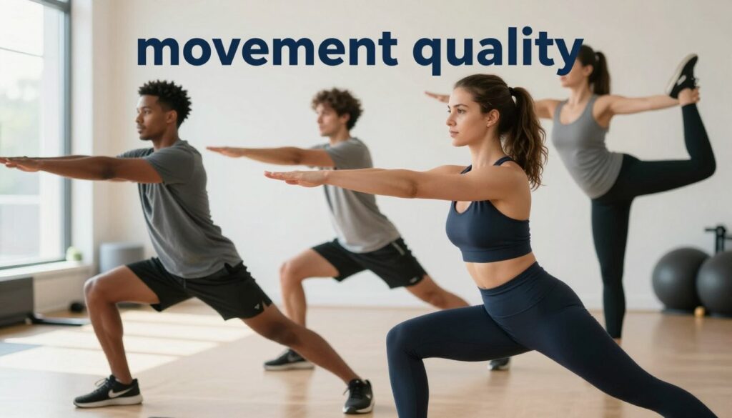 A dynamic scene showcasing the concept of "movement quality" in sports injury prevention, featuring a diverse group of three athletes engaged in precise and controlled movements. In the foreground, a woman in professional athletic attire performs a lunge with impeccable form, emphasizing the importance of technique. In the middle, a man in modest casual sportswear is demonstrating a stretching exercise, while another athlete in the background is executing a complex balance pose, highlighting core strength and stability. The lighting is bright and natural, creating an inspiring and focused atmosphere. The background features a gym setting with soft-focus equipment to keep the emphasis on the athletes' movements. Include the logo of Quantum Physiotherapy subtly within the scene, reinforcing the connection to effective injury prevention strategies while maintaining a professional tone. A dynamic scene showcasing the concept of "movement quality" in sports injury prevention, featuring a diverse group of three athletes engaged in precise and controlled movements. In the foreground, a woman in professional athletic attire performs a lunge with impeccable form, emphasizing the importance of technique. In the middle, a man in modest casual sportswear is demonstrating a stretching exercise, while another athlete in the background is executing a complex balance pose, highlighting core strength and stability. The lighting is bright and natural, creating an inspiring and focused atmosphere. The background features a gym setting with soft-focus equipment to keep the emphasis on the athletes' movements. Include the logo of Quantum Physiotherapy subtly within the scene, reinforcing the connection to effective injury prevention strategies while maintaining a professional tone.