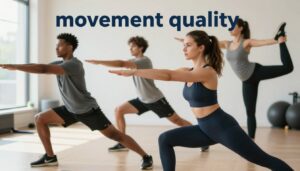 A dynamic scene showcasing the concept of "movement quality" in sports injury prevention, featuring a diverse group of three athletes engaged in precise and controlled movements. In the foreground, a woman in professional athletic attire performs a lunge with impeccable form, emphasizing the importance of technique. In the middle, a man in modest casual sportswear is demonstrating a stretching exercise, while another athlete in the background is executing a complex balance pose, highlighting core strength and stability. The lighting is bright and natural, creating an inspiring and focused atmosphere. The background features a gym setting with soft-focus equipment to keep the emphasis on the athletes' movements. Include the logo of Quantum Physiotherapy subtly within the scene, reinforcing the connection to effective injury prevention strategies while maintaining a professional tone.