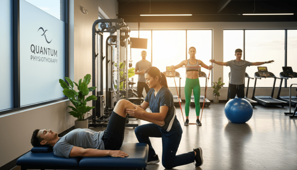 A dynamic sports rehabilitation scene in a modern clinic setting, highlighting a diverse group of individuals engaged in various rehabilitation activities. In the foreground, a focused physiotherapist, dressed in professional attire, is demonstrating an exercise to an athlete, showcasing the personal attention involved in recovery. In the middle ground, another athlete is using resistance bands, while a third person is performing balance exercises on a stability ball. The background features rehabilitation equipment like treadmills and weights, bathed in warm, natural light filtering through large windows. The atmosphere conveys motivation and hope, emphasizing recovery and performance enhancement in a professional environment. Include the brand logo "Quantum Physiotherapy" subtly in the background, integrating it into the clinic's design. A dynamic sports rehabilitation scene in a modern clinic setting, highlighting a diverse group of individuals engaged in various rehabilitation activities. In the foreground, a focused physiotherapist, dressed in professional attire, is demonstrating an exercise to an athlete, showcasing the personal attention involved in recovery. In the middle ground, another athlete is using resistance bands, while a third person is performing balance exercises on a stability ball. The background features rehabilitation equipment like treadmills and weights, bathed in warm, natural light filtering through large windows. The atmosphere conveys motivation and hope, emphasizing recovery and performance enhancement in a professional environment. Include the brand logo "Quantum Physiotherapy" subtly in the background, integrating it into the clinic's design.