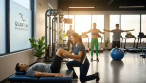 A dynamic sports rehabilitation scene in a modern clinic setting, highlighting a diverse group of individuals engaged in various rehabilitation activities. In the foreground, a focused physiotherapist, dressed in professional attire, is demonstrating an exercise to an athlete, showcasing the personal attention involved in recovery. In the middle ground, another athlete is using resistance bands, while a third person is performing balance exercises on a stability ball. The background features rehabilitation equipment like treadmills and weights, bathed in warm, natural light filtering through large windows. The atmosphere conveys motivation and hope, emphasizing recovery and performance enhancement in a professional environment. Include the brand logo "Quantum Physiotherapy" subtly in the background, integrating it into the clinic's design.