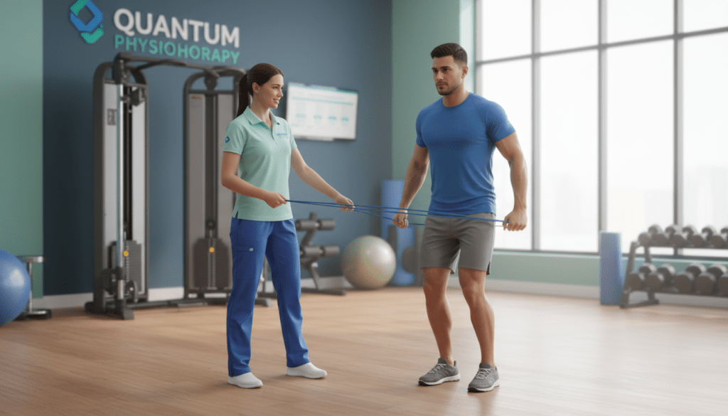A dynamic sports rehabilitation scene showcasing a professional physiotherapist working with an athlete in a state-of-the-art clinic. In the foreground, the physiotherapist, dressed in a smart casual outfit, is demonstrating a therapeutic exercise using resistance bands. The middle layer features the athlete, focused and determined, performing the exercise while wearing athletic gear. The background reveals modern rehabilitation equipment and soft, natural lighting streaming through large windows, creating an inviting atmosphere. The color palette should be calming, with blues and greens dominating. The scene embodies professionalism and dedication, reflecting the brand "Quantum Physiotherapy," emphasizing a positive and encouraging mood essential for recovery and progress. A dynamic sports rehabilitation scene showcasing a professional physiotherapist working with an athlete in a state-of-the-art clinic. In the foreground, the physiotherapist, dressed in a smart casual outfit, is demonstrating a therapeutic exercise using resistance bands. The middle layer features the athlete, focused and determined, performing the exercise while wearing athletic gear. The background reveals modern rehabilitation equipment and soft, natural lighting streaming through large windows, creating an inviting atmosphere. The color palette should be calming, with blues and greens dominating. The scene embodies professionalism and dedication, reflecting the brand "Quantum Physiotherapy," emphasizing a positive and encouraging mood essential for recovery and progress.