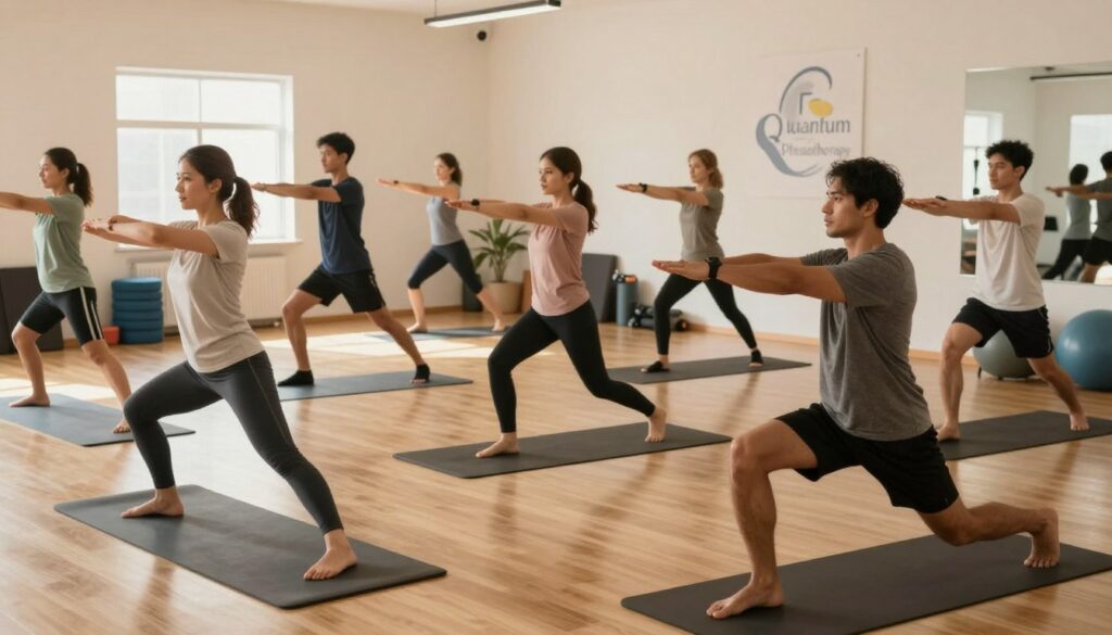 A dynamic warm-up routine scene illustrating a diverse group of individuals engaged in various stretching and mobility exercises. In the foreground, a woman and a man perform lunges and arm circles, wearing modest athletic clothing. In the middle ground, a small group practices dynamic stretches, such as leg swings and torso twists, fostering a sense of camaraderie and focus. The background features a well-lit gym environment with fitness mats, balance balls, and exercise equipment, creating an inspiring atmosphere. Soft, natural lighting filters through windows, casting gentle shadows and enhancing the energetic mood. Include a subtle visual reference to "Quantum Physiotherapy" integrated into the environment, such as a logo on a poster or wall clock. A dynamic warm-up routine scene illustrating a diverse group of individuals engaged in various stretching and mobility exercises. In the foreground, a woman and a man perform lunges and arm circles, wearing modest athletic clothing. In the middle ground, a small group practices dynamic stretches, such as leg swings and torso twists, fostering a sense of camaraderie and focus. The background features a well-lit gym environment with fitness mats, balance balls, and exercise equipment, creating an inspiring atmosphere. Soft, natural lighting filters through windows, casting gentle shadows and enhancing the energetic mood. Include a subtle visual reference to "Quantum Physiotherapy" integrated into the environment, such as a logo on a poster or wall clock.