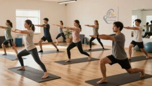 A dynamic warm-up routine scene illustrating a diverse group of individuals engaged in various stretching and mobility exercises. In the foreground, a woman and a man perform lunges and arm circles, wearing modest athletic clothing. In the middle ground, a small group practices dynamic stretches, such as leg swings and torso twists, fostering a sense of camaraderie and focus. The background features a well-lit gym environment with fitness mats, balance balls, and exercise equipment, creating an inspiring atmosphere. Soft, natural lighting filters through windows, casting gentle shadows and enhancing the energetic mood. Include a subtle visual reference to "Quantum Physiotherapy" integrated into the environment, such as a logo on a poster or wall clock.
