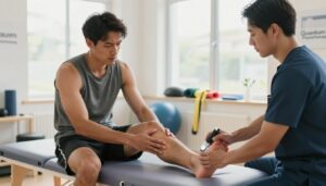 A focused and dynamic scene illustrating a running-related injury, featuring a male athlete in a professional sports physiotherapy clinic. In the foreground, the athlete is sitting on an examination table, wearing modest athletic gear and a concerned expression, while a skilled physiotherapist in professional attire assesses his ankle with a diagnostic tool. The middle ground showcases various rehabilitation equipment, such as resistance bands and balance boards, symbolizing performance optimization. In the background, bright, natural light filters through large windows, creating a warm and hopeful atmosphere. The branding "Quantum Physiotherapy" subtly integrated into the clinic's environment. The overall mood conveys determination and the supportive nature of rehabilitation for athletes.