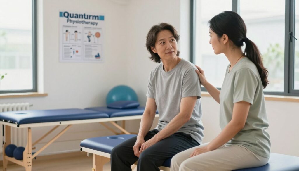 A focused physiotherapist conducting an assessment in a well-lit clinic, embodying professionalism and care. In the foreground, a compassionate physiotherapist, dressed in smart, modest casual attire, observes a post-surgery patient seated on an exercise bench, their expressions engaged and attentive. The middle layer reveals a treatment area equipped with rehabilitation tools and charts outlining the assessment process, suggesting an organized and goal-oriented environment. In the background, soft natural light filters through large windows, creating a calming atmosphere that encourages recovery. The ambiance is optimistic, emphasizing the holistic approach taken by Quantum Physiotherapy, with a lens perspective capturing both practitioner and patient interaction clearly and intimately.