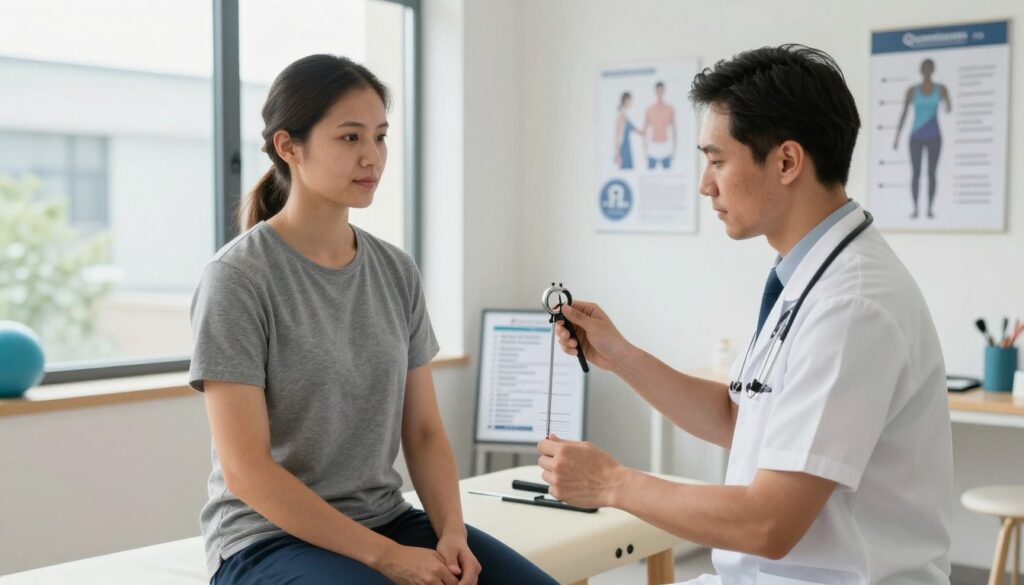 A focused physiotherapy assessment scene inside a modern clinic, featuring a professional physiotherapist in business attire, conducting an evaluation with a patient in modest casual clothing. In the foreground, the therapist is using a goniometer to measure the patient's joint movement, while the patient holds a neutral expression, showcasing concentration and engagement. The middle layer includes a physical therapy chart and assessment tools neatly arranged on a desk, while the background highlights soft, natural lighting streaming through large windows, creating a calm and inviting atmosphere. The clinic is decorated with motivational posters related to rehabilitation. This setting reflects the professional branding of "Quantum Physiotherapy", emphasizing a commitment to individualized care and effective rehabilitation.