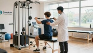 A focused scene depicting return-to-play testing within a modern sports rehabilitation facility. In the foreground, a professional physiotherapist wearing a lab coat and smart casual attire guides a young athlete in gym attire, demonstrating strength exercises on specialized equipment. The middle ground features an array of high-tech rehab tools and sports gear, emphasizing a scientific approach to rehabilitation. The background showcases a bright, open space with large windows allowing natural light to flood in, creating a warm and encouraging atmosphere. The overall mood conveys safety and professionalism, capturing a moment of dedication to athlete recovery and readiness. Include the logo of "Quantum Physiotherapy" subtly integrated into the facility's branding, ensuring a clean and organized environment.