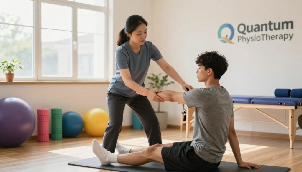 A focused scene showcasing a professional physiotherapist demonstrating injury prevention techniques in a bright and airy clinic setting. In the foreground, a female physiotherapist in smart casual attire, demonstrating proper stretching techniques to a young male athlete, highlighting safe body mechanics. In the middle ground, illustrate a set of colorful exercise equipment like foam rollers and resistance bands, emphasizing a well-organized rehabilitation space. The background features large windows allowing natural light to flood in, enhancing the inviting atmosphere of the clinic. The lighting is warm and soft, creating a welcoming mood. Include the logo of "Quantum Physiotherapy" subtly integrated into the clinic environment, ensuring a professional overall aesthetic.