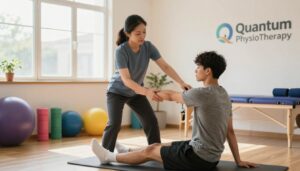 A focused scene showcasing a professional physiotherapist demonstrating injury prevention techniques in a bright and airy clinic setting. In the foreground, a female physiotherapist in smart casual attire, demonstrating proper stretching techniques to a young male athlete, highlighting safe body mechanics. In the middle ground, illustrate a set of colorful exercise equipment like foam rollers and resistance bands, emphasizing a well-organized rehabilitation space. The background features large windows allowing natural light to flood in, enhancing the inviting atmosphere of the clinic. The lighting is warm and soft, creating a welcoming mood. Include the logo of "Quantum Physiotherapy" subtly integrated into the clinic environment, ensuring a professional overall aesthetic.