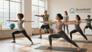 A health-focused setting showcasing a diverse group of individuals performing a variety of weekly routine exercises aimed at posture correction. In the foreground, a woman in modest athletic wear practices yoga poses, highlighting balance and flexibility. In the middle ground, an older man engages in strength training with dumbbells, demonstrating resistance exercises. The background features a serene gym environment with large windows allowing soft natural light to illuminate the scene, casting gentle shadows. The atmosphere feels motivating and supportive, evoking a sense of community and progression towards better health. The logo of "Quantum Physiotherapy" is subtly integrated into the gym decor, enhancing the professional focus of this wellness space.