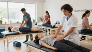A modern physical therapy clinic atmosphere featuring a diverse group of professionals engaged in specialist physical therapy services. In the foreground, a licensed physical therapist in professional attire demonstrates exercises with a patient using specialized equipment, focusing on rehabilitation for the lower back. In the middle, additional therapists work with clients on various treatment modalities, such as manual therapy and stretching, showcasing a range of body areas and conditions. The background exhibits a clean, well-lit space with therapy tools and resources organized neatly, promoting a sense of order and professionalism. Natural light streams through large windows, creating a warm and inviting ambiance. Include a subtle branding element reading "Quantum Physiotherapy" on a clinic wall. The mood should communicate hope, recovery, and expertise, ideal for viewers seeking tailored physical therapy solutions.