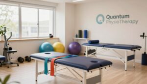A modern physiotherapy clinic showcasing advanced equipment essential for recovery and wellness. In the foreground, feature high-quality treatment tables and resistance bands in vibrant colors. In the middle ground, display various rehabilitation tools like stability balls, foam rollers, and weights, emphasizing a well-organized space. In the background, include large windows allowing natural light to flood in, creating a warm and inviting atmosphere. The clinic should have a clean, professional design with soothing colors. Capture the mood of hope and healing with soft, diffused lighting to highlight the various equipment. Include a subtle logo of "Quantum Physiotherapy" on a wall, seamlessly integrated into the environment. The scene should reflect a commitment to multidisciplinary care in physiotherapy.