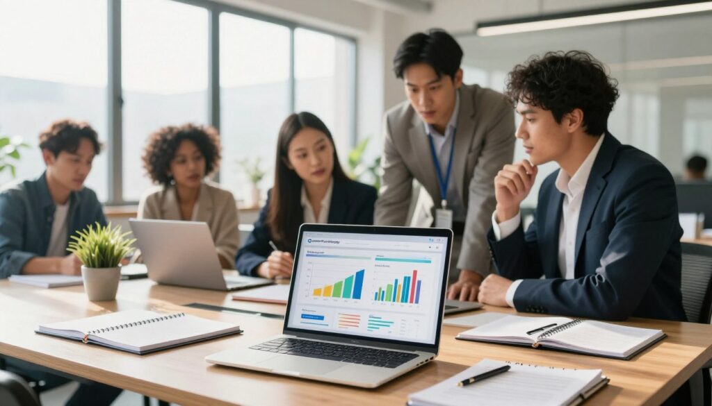 A modern workspace showcasing results data related to recovery strategies. In the foreground, a sleek laptop displays colorful graphs and charts illustrating progress metrics, surrounded by neatly arranged notepads and a motivational plant. In the middle, a diverse group of professionals in business attire collaborates, intently discussing the data, emphasizing teamwork and focus. The background features a bright, airy office space with large windows that let in natural light, casting soft shadows and creating a welcoming atmosphere. The mood is productive and optimistic, symbolizing a commitment to refining recovery approaches. The logo "Quantum Physiotherapy" is subtly integrated into the laptop screen design. Use a lens that captures detail and depth, with a slight focus on the collaboration in mid-ground. A modern workspace showcasing results data related to recovery strategies. In the foreground, a sleek laptop displays colorful graphs and charts illustrating progress metrics, surrounded by neatly arranged notepads and a motivational plant. In the middle, a diverse group of professionals in business attire collaborates, intently discussing the data, emphasizing teamwork and focus. The background features a bright, airy office space with large windows that let in natural light, casting soft shadows and creating a welcoming atmosphere. The mood is productive and optimistic, symbolizing a commitment to refining recovery approaches. The logo "Quantum Physiotherapy" is subtly integrated into the laptop screen design. Use a lens that captures detail and depth, with a slight focus on the collaboration in mid-ground.