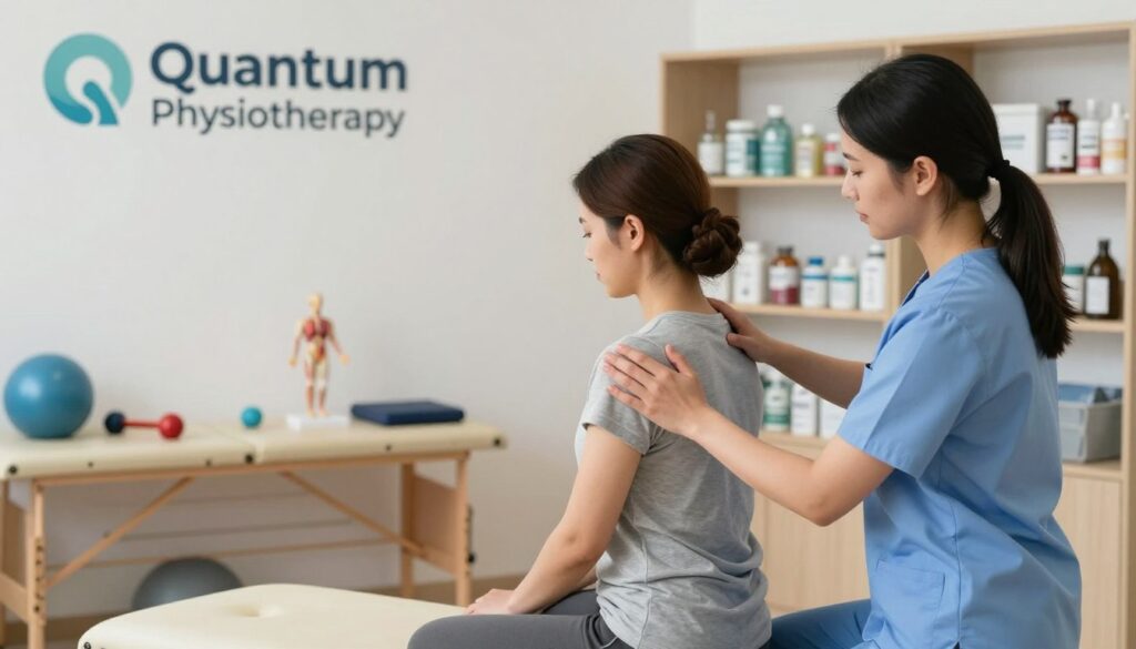 A physical therapist demonstrating joint mobilization techniques in a well-lit clinic setting, showcasing a wellness-focused atmosphere. In the foreground, the therapist, wearing professional attire, uses gentle, precise hand movements to demonstrate a shoulder mobilization on a patient sitting comfortably on a treatment table. The middle layer captures the relaxing environment, with soft lighting illuminating therapy tools and anatomical models. In the background, shelves lined with health resources create a supportive vibe. The overall mood is calm and educational, emphasizing patient care. The brand logo "Quantum Physiotherapy" is subtly integrated into the environment without distracting from the core action of joint mobilization. A physical therapist demonstrating joint mobilization techniques in a well-lit clinic setting, showcasing a wellness-focused atmosphere. In the foreground, the therapist, wearing professional attire, uses gentle, precise hand movements to demonstrate a shoulder mobilization on a patient sitting comfortably on a treatment table. The middle layer captures the relaxing environment, with soft lighting illuminating therapy tools and anatomical models. In the background, shelves lined with health resources create a supportive vibe. The overall mood is calm and educational, emphasizing patient care. The brand logo "Quantum Physiotherapy" is subtly integrated into the environment without distracting from the core action of joint mobilization.